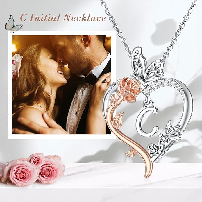 TOUPOP Rose Heart Necklaces Gifts for Women 925 Sterling Silver Butterfly Heart Initial Necklace Anniversary Valentines Day Birthday Jewelry Gifts for Mom Her Wife Girlfriend Daughter