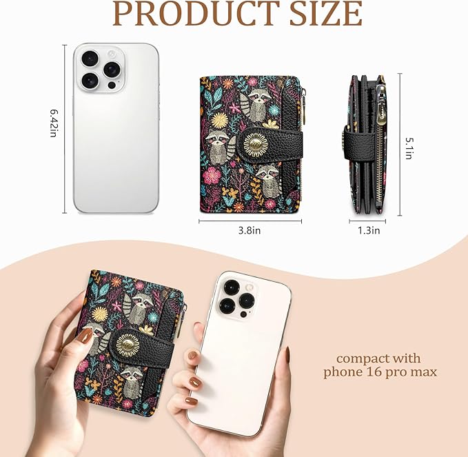Raccoon Small Wallet Women RFID Blocking Bifold, Cute Credit Card Holder, Zipper Coin Pocket, PU Leather, Compact, Travel, 4 ID Window, 14 Card Slots, Cash Purse, Ladies Woman Female Girls