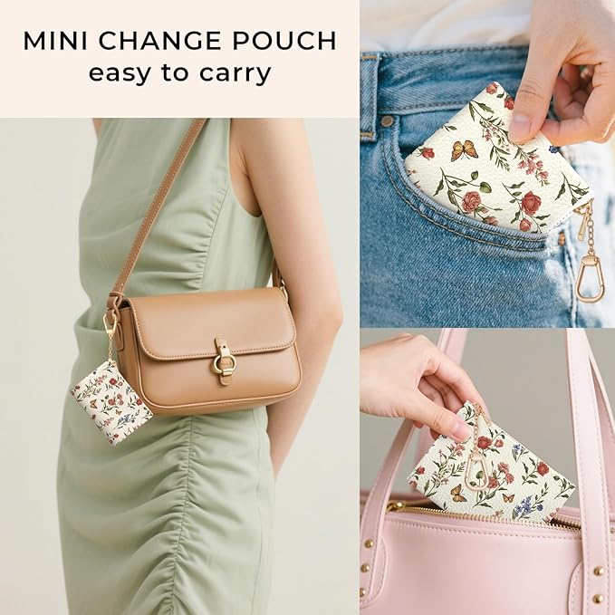 Colorful Flower with Butterfly Keychain Coin Purse for Women, Small PU Leather Change Pouch, Zipper Little Tiny Travel Wallet for Girls, Cute Kawaii Zip Pocket Coin Holder with Key Ring