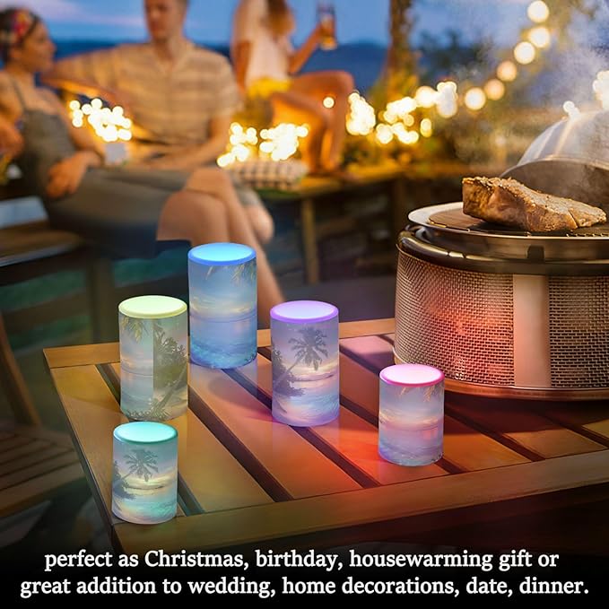 ALAZA Blue Green Sea Water Palm Trees Tropical Flowers Flickering Flameless Candles Battery Operated with Remote Timer,Tea Light Candles LED Pillar Votive Candles Set of 2 for Outdoor Indoor