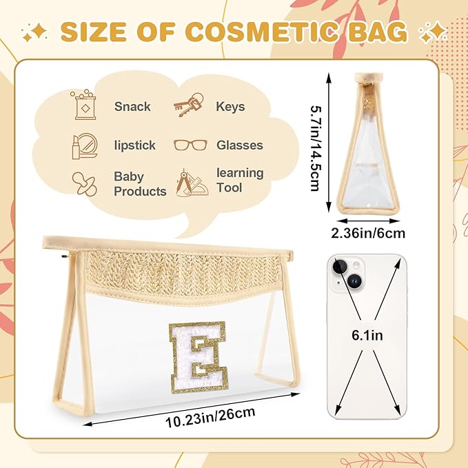 Personalized Initial Letter Bag Boho Straw Clear Makeup Bag,Small Cute Chenille Varsity Letter Bag With Zipper,Beach Travel Toiletry Bag,Portable Monogrammed Cosmetic Bag for Women Girls,E