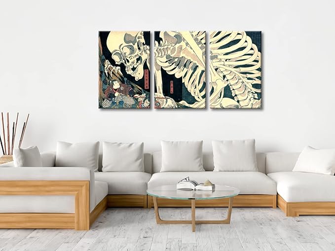 Wieco Art 3 Piece Witch and Skeleton Ukiyo-E by Utagawa Takiyasha Historic Cultural Illustrations for Living Room Bedroom Home Decorations Landscape Artwork