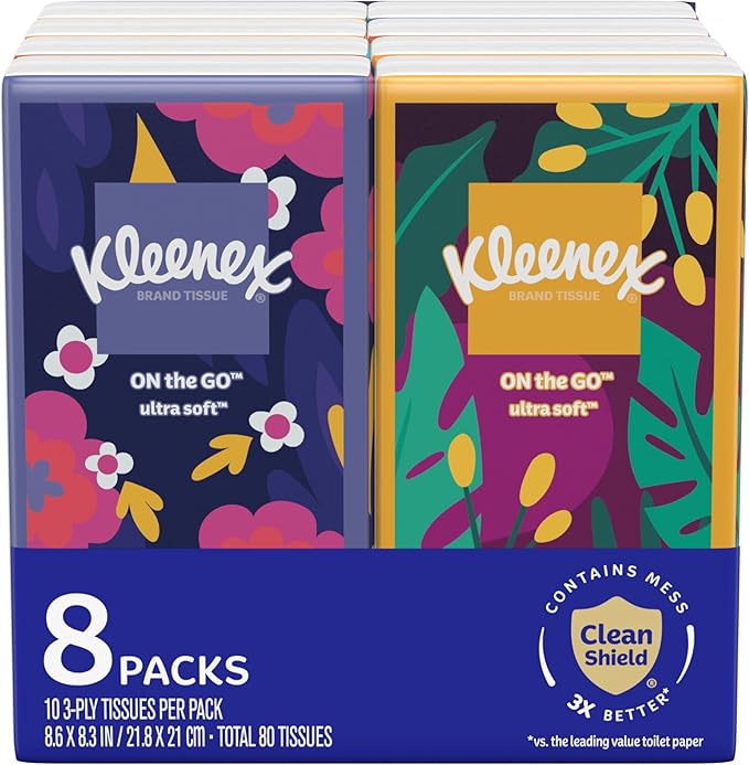 Kleenex On-The-Go Facial Tissues, 8 On-The-Go Packs, 10 Tissues per Box, 3-Ply (80 Total), Packaging May Vary (Pack of 96)
