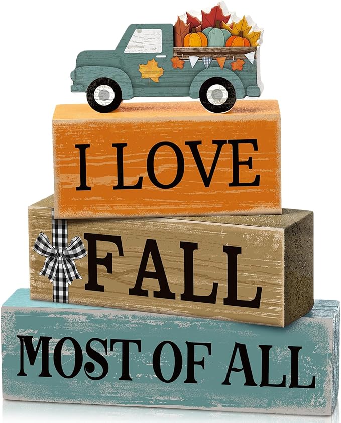 4 Pcs Thanksgiving Decoration for Home Fall Truck Decor Fall Tiered Tray Decor Rustic Wooden Truck Block Sign Gift Thanksgiving Centerpiece Autumn Table Decorations for Harvest Party Kitchen Home