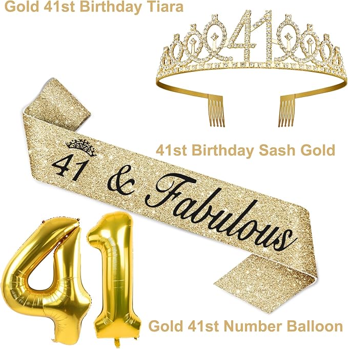 41st Birthday Decorations for Women Gold with 41st Birthday Sash and Tiara, Cake Topper and Candles, Number Balloons, 41 Year Old Gifts for Women