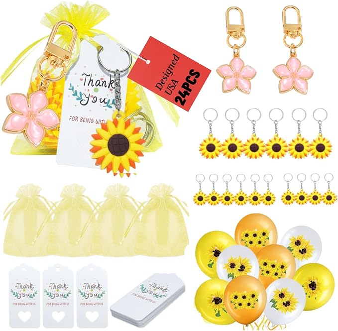 Thank You Gift Set Bulk with 24 Sunflower Keychains, 2 Cherry Blossom Keychains, 24 Thank You Cards, 24 Gift Bags, 9 Sunflower Balloons – Appreciation Gifts for Coworkers, Friends, Employees, Teachers