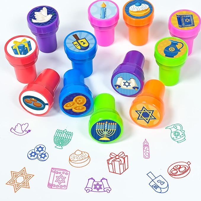 Cinrobiye 24Pcs Hanukkah Party Stampers for Boys Girls, Jewish Holiday Party Favors, Festival of Lights Goodie Bag Fillers, Classroom Rewards, Carnival Prizes, Pinata Stuffers for Chanukah Party Gifts