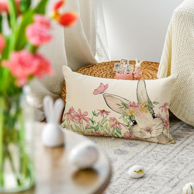 AVOIN colorlife Easter Floral Garland Bunny Throw Pillow Cover, 12 x 20 Inch Spring Rabbit Holiday Cushion Case Decoration for Sofa Couch