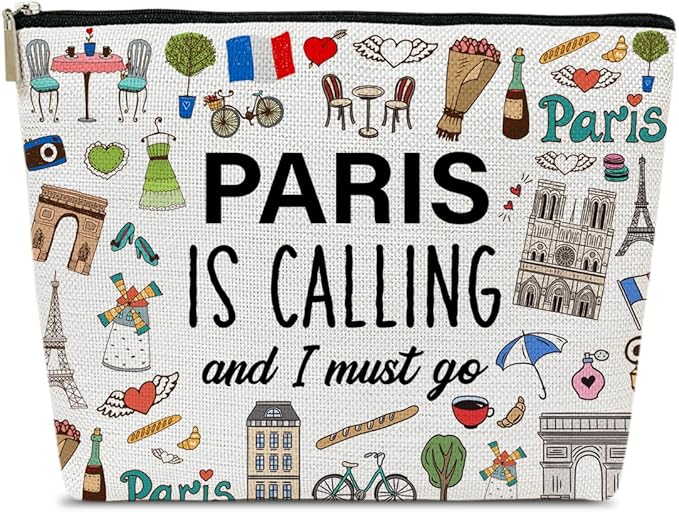 Funny Paris Travel Makeup Bag, City Themed Trip Gifts Favors, Trip Lover Gifts For Women Her, Travel Cosmetic Bag For Holiday Vacation, Paris Is Calling And I Must Go