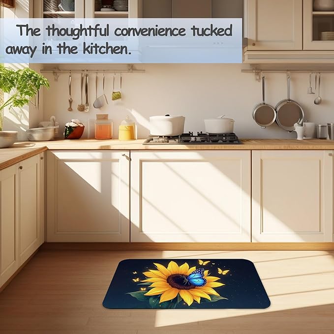 Sunflowers in The Night Sky Bath Mat 29.5"x17"Butterflies Slim Low-Profile Fast Drying Super Absorbent Bathroom Rug with Non-Slip Backing, Easy-Clean Modern Floor Mat for Tub, Shower, or Entryway