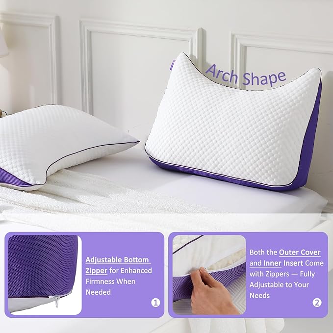 HOMELAB Adjustable Crescent Shredded Memory Foam Pillows King Size, Cooling Bed Pillows for Sleeping with Removable Cover, 1 Pack Medium Pillow for Side Sleepers, 20"x34"