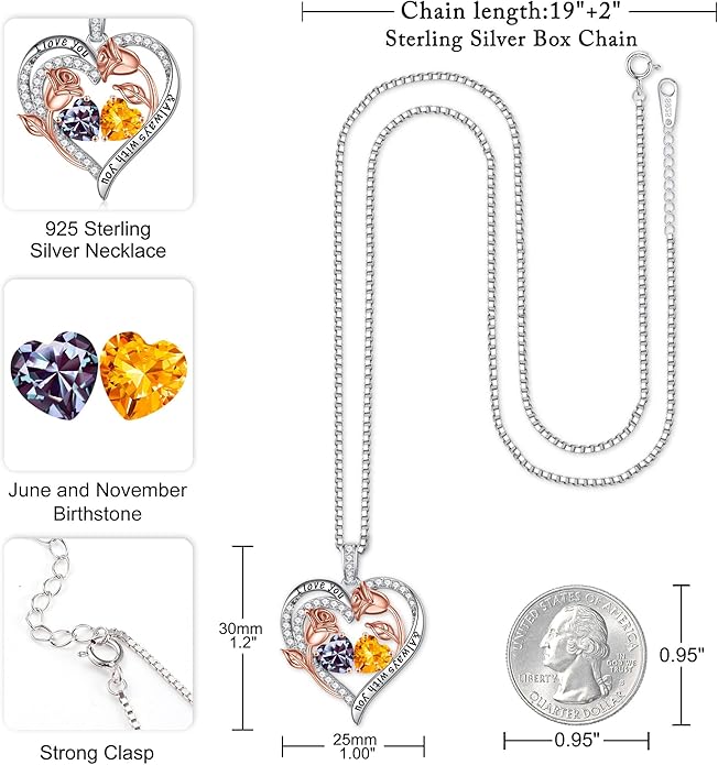 Iefil Valentines Day Gifts for Her - 925 Sterling Silver Rose Heart Birthstone Necklace Birthday Anniversary Jewelry Gifts for Her Wife Mom Daughter