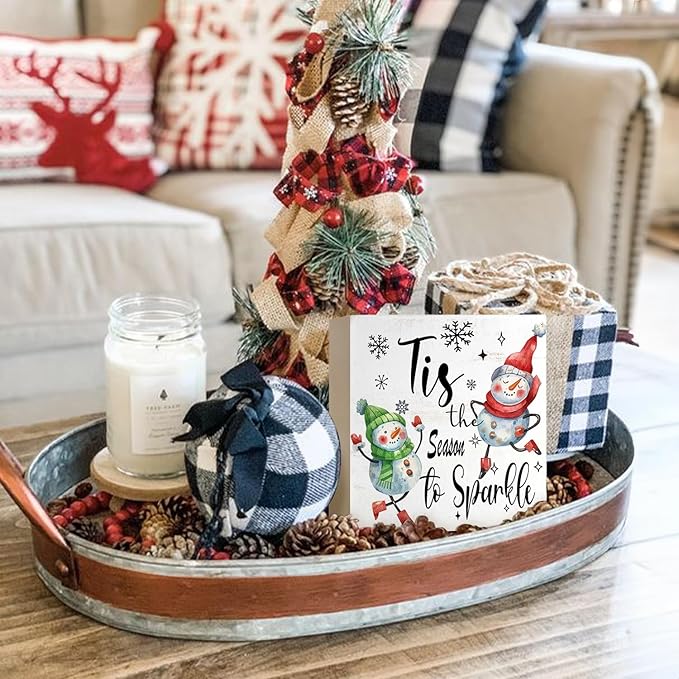 Mtrgdn Christmas Snowman Decor Sign,Winter Xmas Tis the Season to Sparkle Snowmans Indoor Wooden Box Signs,Christmas Decorations for Home Bathroom Bedroom Office Table Desk Shelf Wall Decoration,5x5 Inch