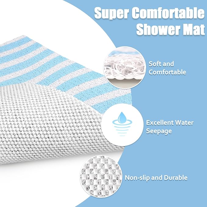 Non Slip Shower Mat, 24x24 Inch, Soft Comfortable Shower Floor Mat with Drain, PVC Loofah Bath Mat for Shower, Bathroom and Wet Areas, Quick Drying Easy Cleaning