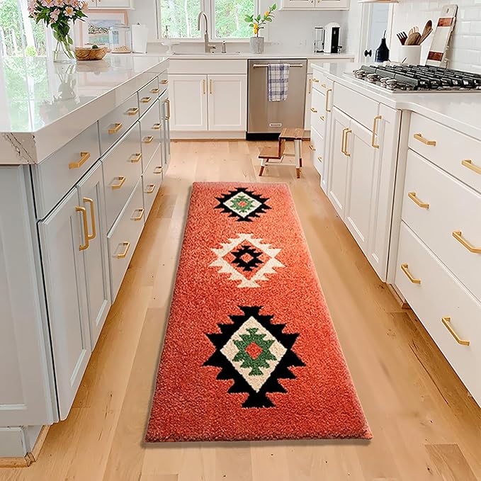 Bohemian Bathroom Rug Runner 60x24 Inch Long Bath Mat for Bathroom Tub Bedroom Kitchen Laundry Room Hallway, Fluffy Soft Bohemian Carpet Runner, Home Decor Rug, Coral