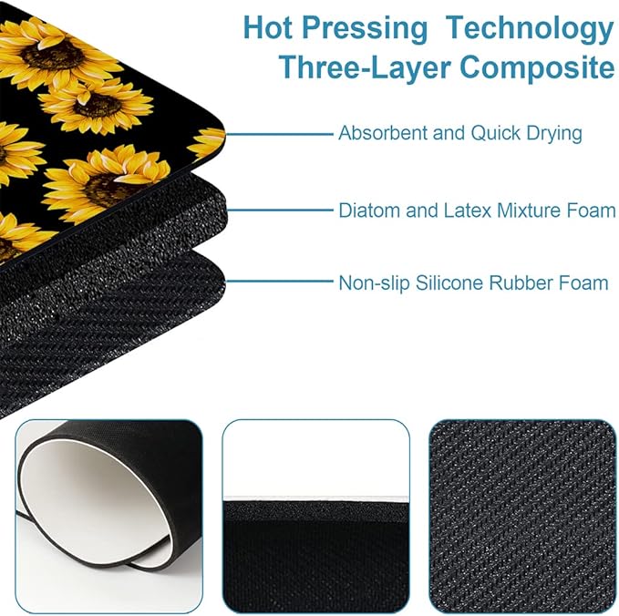 Yellow Sunflower Bathroom Mat, Non-Slip Super Absorption Bath Carpet with Rubber Backing, Fit Under Bathroom Doormat Floor Rugs for Shower Buthtub Sink, 17"x24"