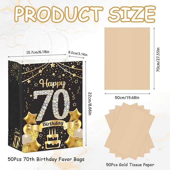 50Pcs 70th Birthday Party Favors Gift Bags Bulk, Black and Gold Happy 70th Gift Candy Wrap Bags with Tissue Paper, Vintage 70th Birthday Decorations Souvenir Bag for Men Women Anniversary Supplies (70th)