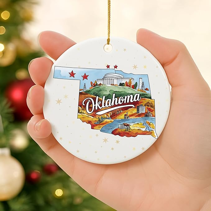USA State Landmark Ceramic Ornament – Round Glossy Christmas Decoration Featuring U.S. State Art, Landmarks & Holiday Scenery – Collectible Travel Souvenir Ornament Series (Oklahoma)