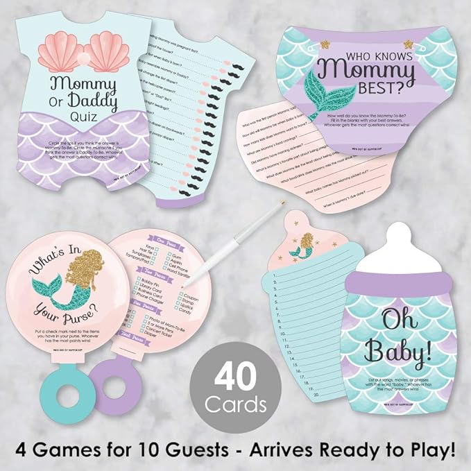 Big Dot of Happiness Let’s Be Mermaids - 4 Baby Shower Games - 10 Cards Each - Who Knows Mommy Best, Mommy or Daddy Quiz, What’s in Your Purse and Oh Baby - Gamerific Bundle