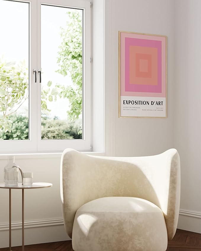 HAUS AND HUES Art Exhibition Poster – Danish Pastel Pink Posters for Room Aesthetic, Geometric Wall Art, Pink Art Prints, Danish Pastel Decor (Beige Frame, 24x36)