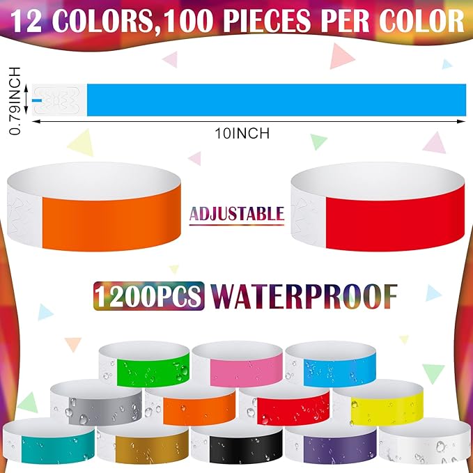 Tudomro 1200 Pack Plastic Paper Wristbands for Events Neon Party Wrist Bands Colored Waterproof Concert Identification Hand Bands Lightweight Adhesive Wristband(Mixed Colors)