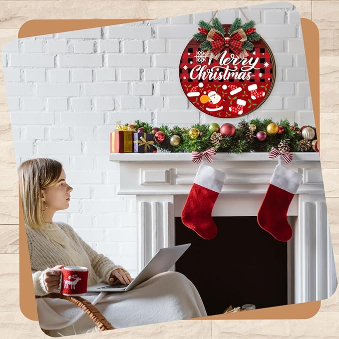 Vicenpal 22 Pcs Interchangeable Welcome Sign for Front Door with 17 Magnetic Icon Wooden Seasonal Front Porch Door Decor with 4 Seasonal Wreaths for Holiday Halloween Christmas Gift(Dark Brown,Novel)