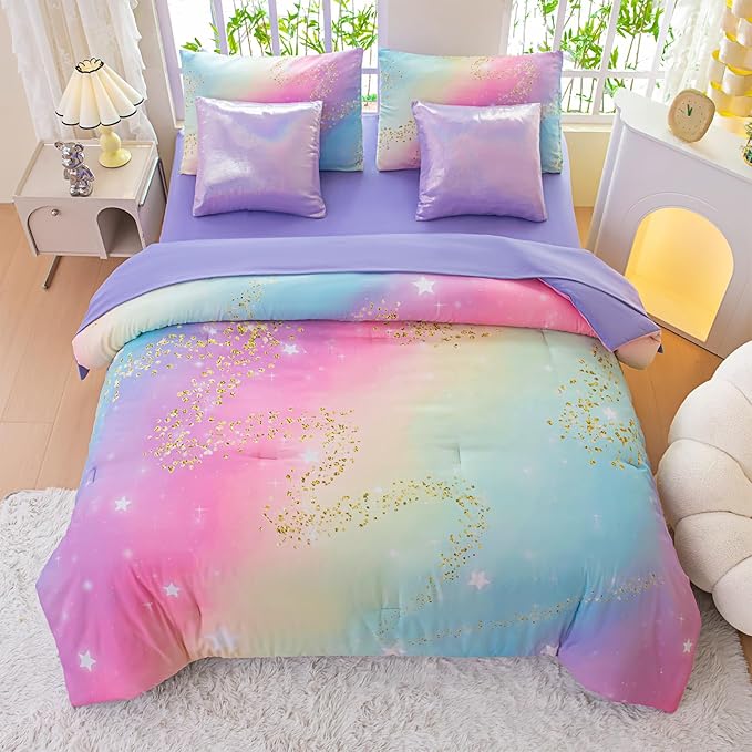 Rainbow Bedding Set Twin Size – 7 Piece Reversible Girls Comforter with Deep-Pocket Sheet, Gradient Galaxy Design, Whole-Piece Filling, Machine Washable Bed-in-a-Bag for Kids Room Makeover & Gifts