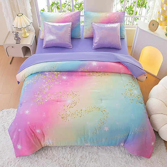 Rainbow Bedding Set Twin Size – 7 Piece Reversible Girls Comforter with Deep-Pocket Sheet, Gradient Galaxy Design, Whole-Piece Filling, Machine Washable Bed-in-a-Bag for Kids Room Makeover & Gifts