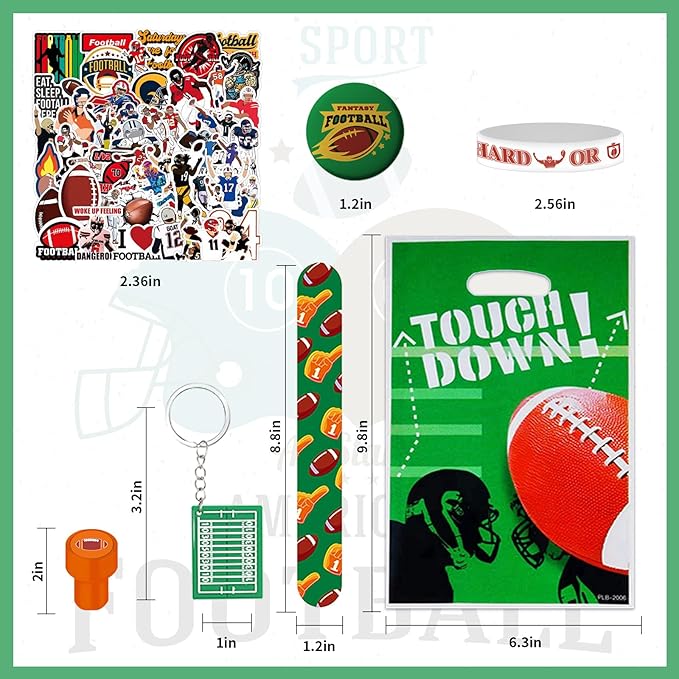 Football Party Favors 244 Pcs Football Birthday Party Decorations With Goodie Bags Wristbands Stickers Keychains Stamps Slap Bracelets Badges for Football Party Supplies (Football)