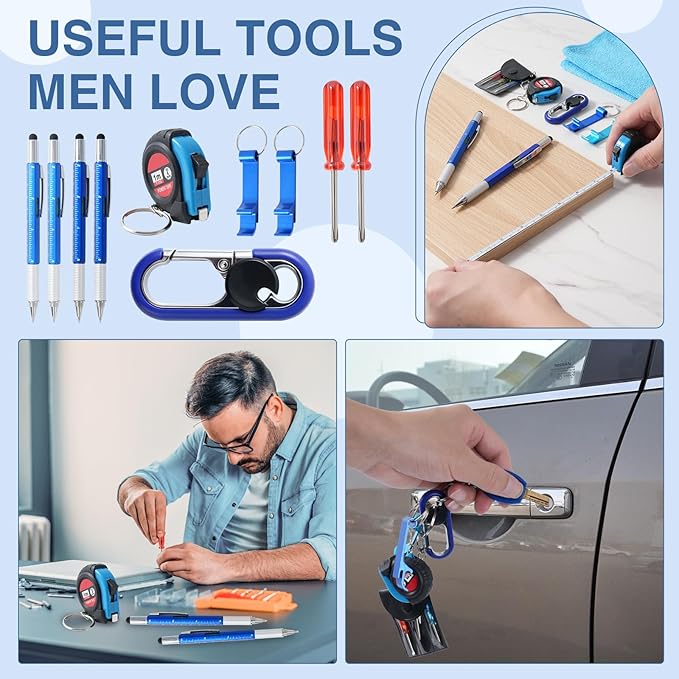 85Pcs Baby Shower Prizes for Men, 8 Sets Winner Gifts with Multi-Tool Pen, Screwdriver, Tape Measure, Bottle Opener, Keychain, Cleaning Cloth & Gift Bags for Winner Bachelor Party Favors (85)