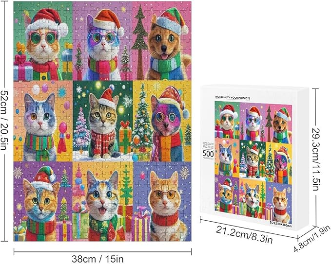 Wooden Puzzle 500 Pieces Adult - Christmas Cat Puzzle Christmas Puzzles, Holiday Puzzles, Family Toys, Party Games, Jigsaw Puzzle Challenge and Funny