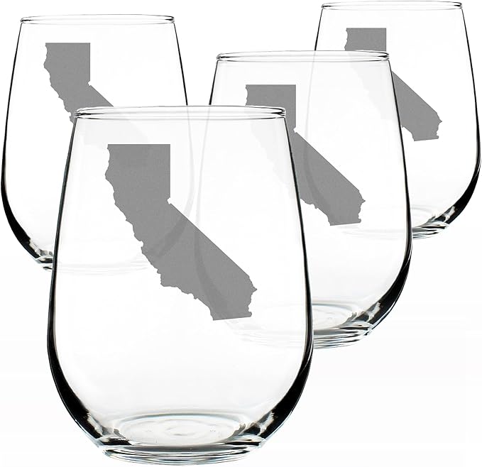 Bevvee California State Outline - Stemless Wine Glass - State Themed Drinking Decor and Gifts for Californians - Set of 4 - Large 17 Ounce