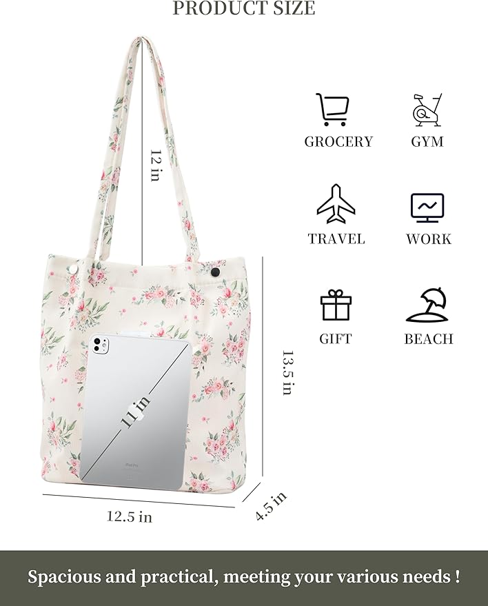 Corduroy Tote Bag Cute Tote Bags for Women Shoulder Bag with Inner Pocket for Work Beach Travel and Shopping Grocery