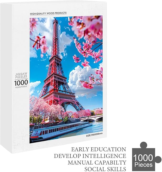Wooden Puzzle - Eiffel Tower by The River Jigsaw Puzzles，Wooden Puzzles for Adults 1000 Pieces Unique Gifts for Wall Art，Challenge Puzzles，Educational Games，Family Puzzles