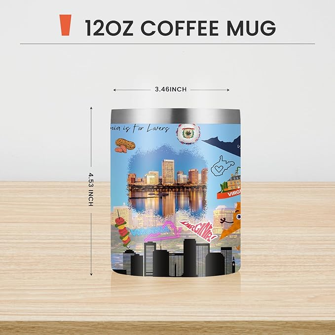 12oz Coffee Mug Virginia State Insulated Coffee Cups, United States Map Travel Mug Landmark, Birthday Gifts Cute Mugs with Lid and Straw Gifts for Mom