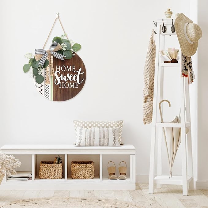 TOARTi 3D Welcome Front Door Wreath Porch Decor, Wooden Home Sweet Home Boho Outdoor Sign Hanging, Farmhouse Aztec Wall Sign Hanger with Artificial Leaves&Rustic Beads