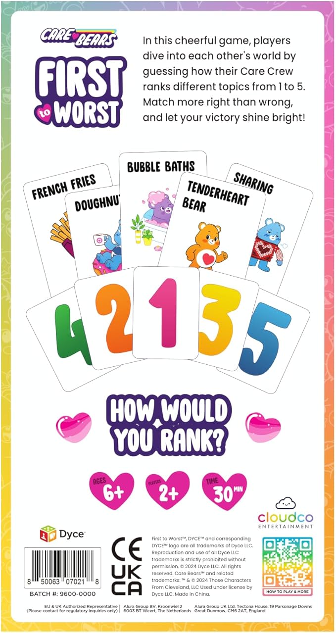 FIRST TO WORST: Care Bears Family Party Game - The Card Game About How Your Friends & Family Rank Things for Kids, Stocking Stuffers, Family Game Night with Polarizing Priorities