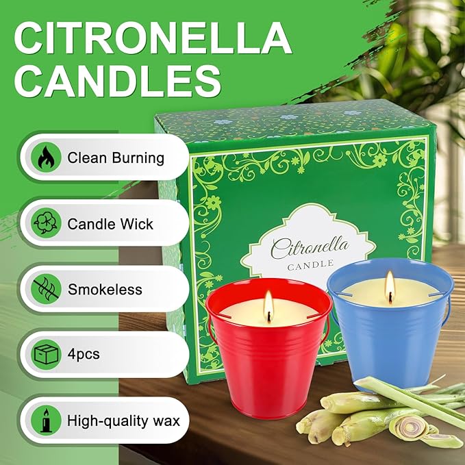 4 Pack 12oz Each Citronella Scented Candles - Colorful Metal Bucket Candles, Smokeless Indoor Outdoor Candles for Backyard, Camping & Gatherings