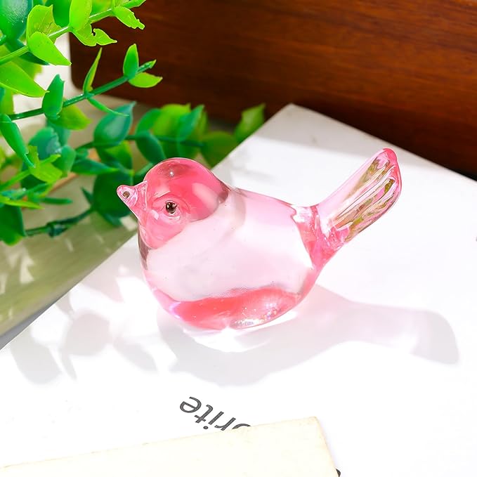 Crystal Pink Birds Figurines, Handmade Glass Birds Collectible Figurines Paperweights Blown Crystal Bird Decor Gifts for Bird Lovers Women Mom Friends (Pink)