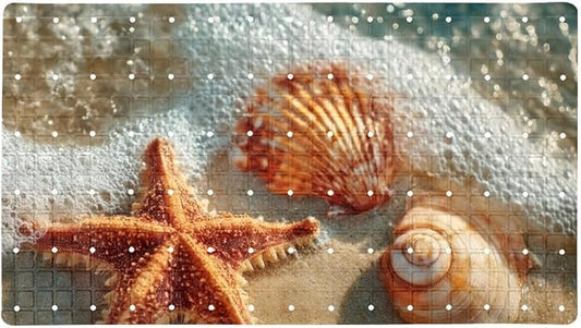 Non Slip Bath Mat for Tub, 15.1 x 26.8 Inch Bathtub Mat Machine Washable Shower Mat with Drain Holes and Suction Cups, Starfish and Seashell on The Beach in Sea Water