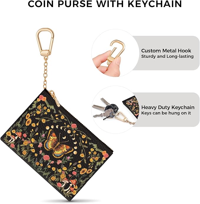 Butterfly Moon Keychain Coin Purse for Women, Mushroom Floral Vintage Small PU Leather Change Pouch, Zipper Little Tiny Travel Wallet for Girls, Cute Zip Pocket Coin Holder with Key Ring