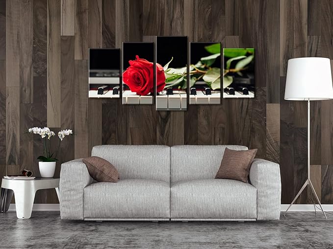Wieco Art Red Rose on Piano Modern 5 Panels Stretched and Framed Floral Giclee Canvas Prints Artwork Flowers Music Pictures Paintings on Canvas Wall Art for Bedroom Kitchen Home Decorations