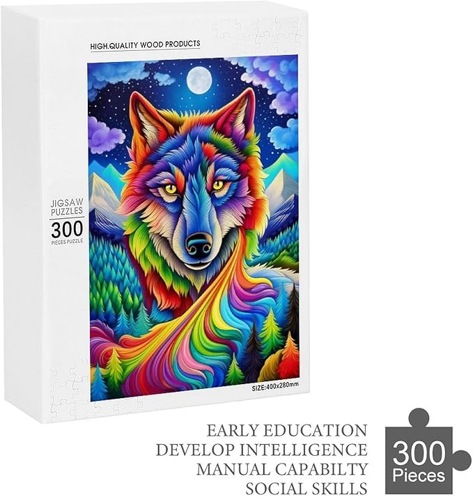Wooden Puzzle - Colorful Wolf Jigsaw Puzzles，Wooden Puzzles for Adults 300 Pieces Challenge Puzzles，Educational Games，Family Puzzles，Unique Gifts for Wall Art,Funnny Puzzles