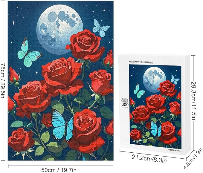 Jigsaw Puzzles for Adults 1000 Piece - Butterfly Red Rose Garden Wooden Puzzles, Funny Puzzles，Unique Gifts for Wall Art，Family Puzzles，Educational Games，Challenge Puzzles