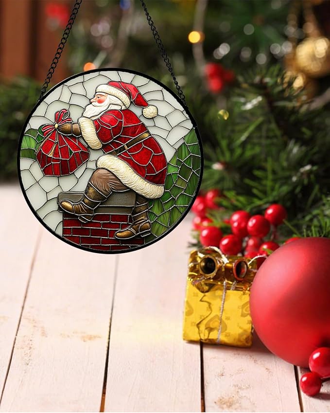 Stained Glass Window Hangings - Santa Claus Climbing The Chimney Suncatcher for Door Home Christmas Decor Sun Catcher Thanksgiving New Year Birthday Gifts for Women Men Mom Nana 6.3 in