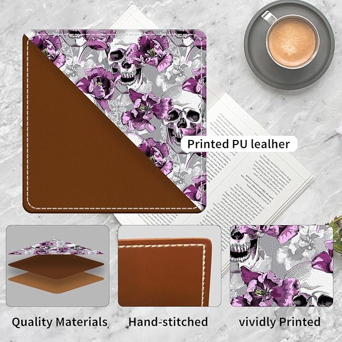 Cute Leather Bookmarks, Fun Triangle Making Corner Bookmark, Book Accessories for Reading Book Lovers, Unbreakable Page Markers for Women Men Cool Skull Flowers