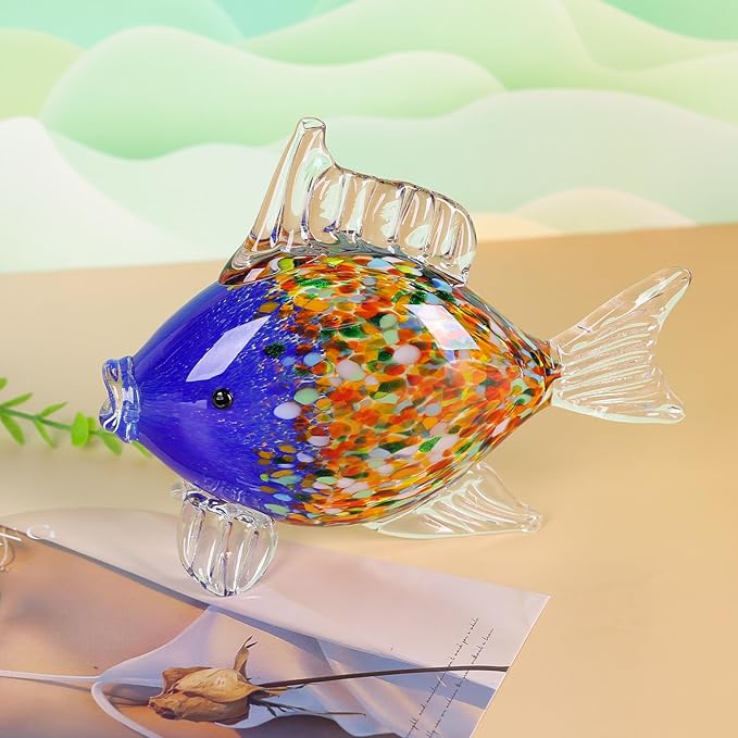 Colorful Blown Glass Fish Figurine – Blue Art Animal Sculpture for Ocean Coastal Home Decor, Handcrafted Glass Fish Ornament for Tabletop, Shelf, or Aquarium Theme Display (G)