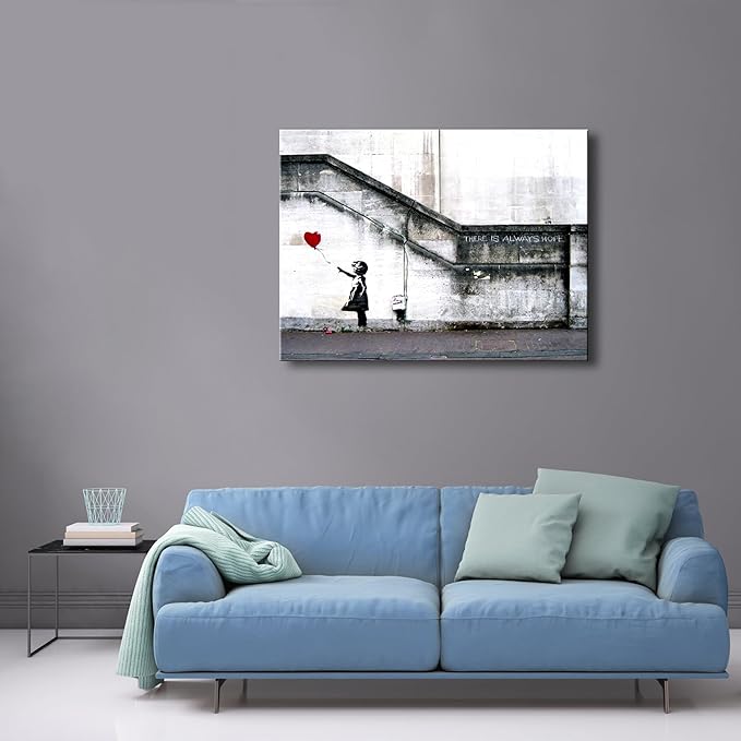 Wieco Art Canvas Paintings Wall Art Banksy Grafitti Girl with Red Balloon Grey Large Love Canvas Prints Pictures Modern Gallery Wrapped Inspirational Artwork Ready to Hang for Home Office Decor