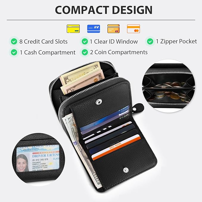 Genuine Small Wallet for Women, Slim RFID Blocking Credit Card Holder with ID Window, Compact Purses for Women with 11 Card Slots
