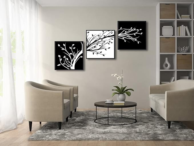 Wieco Art Black Framed Leaves Modern 3 Panels Flowers Artwork Black and White Abstract Floral Trees Canvas Prints Wall Art for Living Room Home Decorations